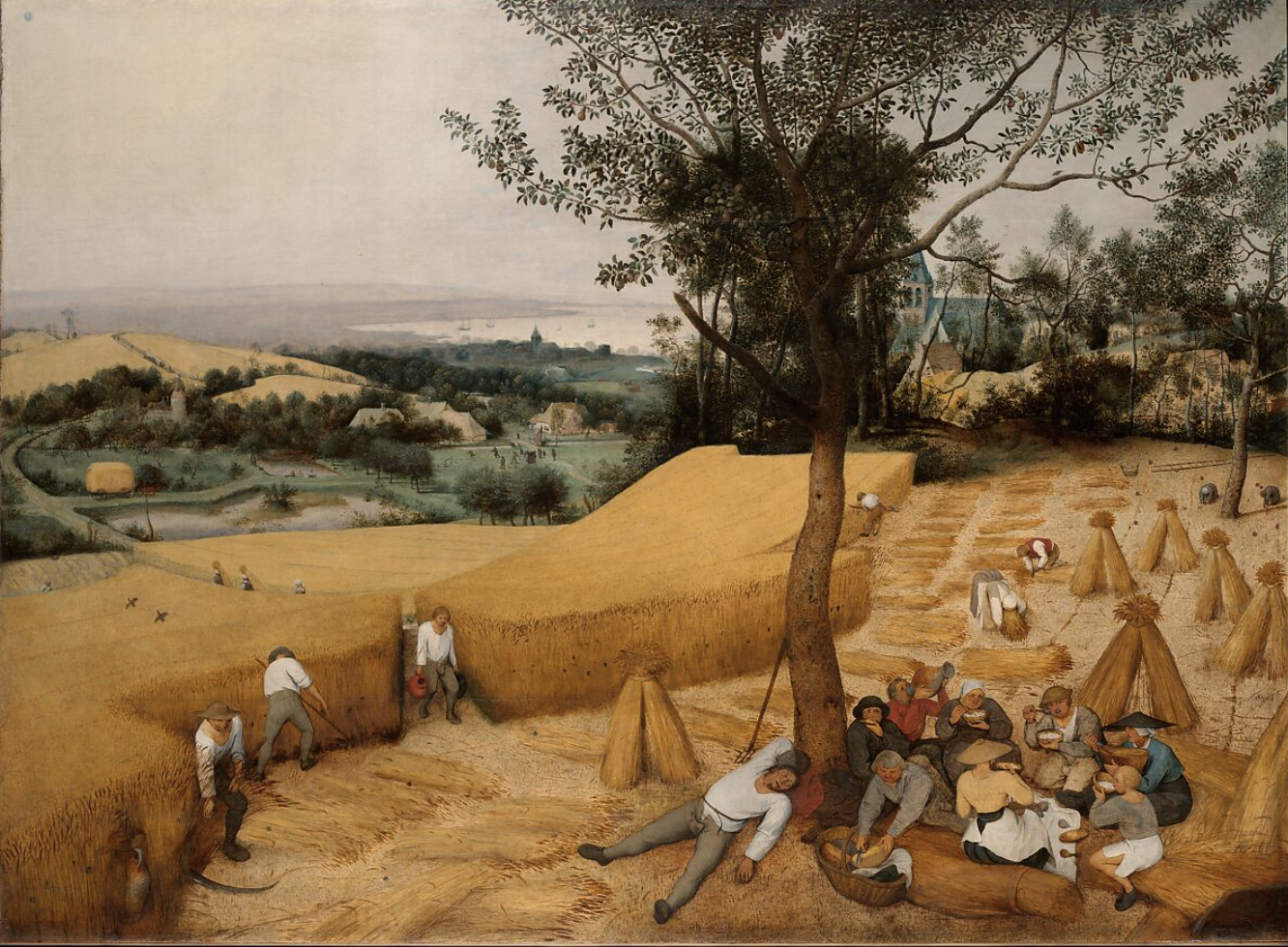 Landschaft mit Erntearbeitern und Dorfansicht